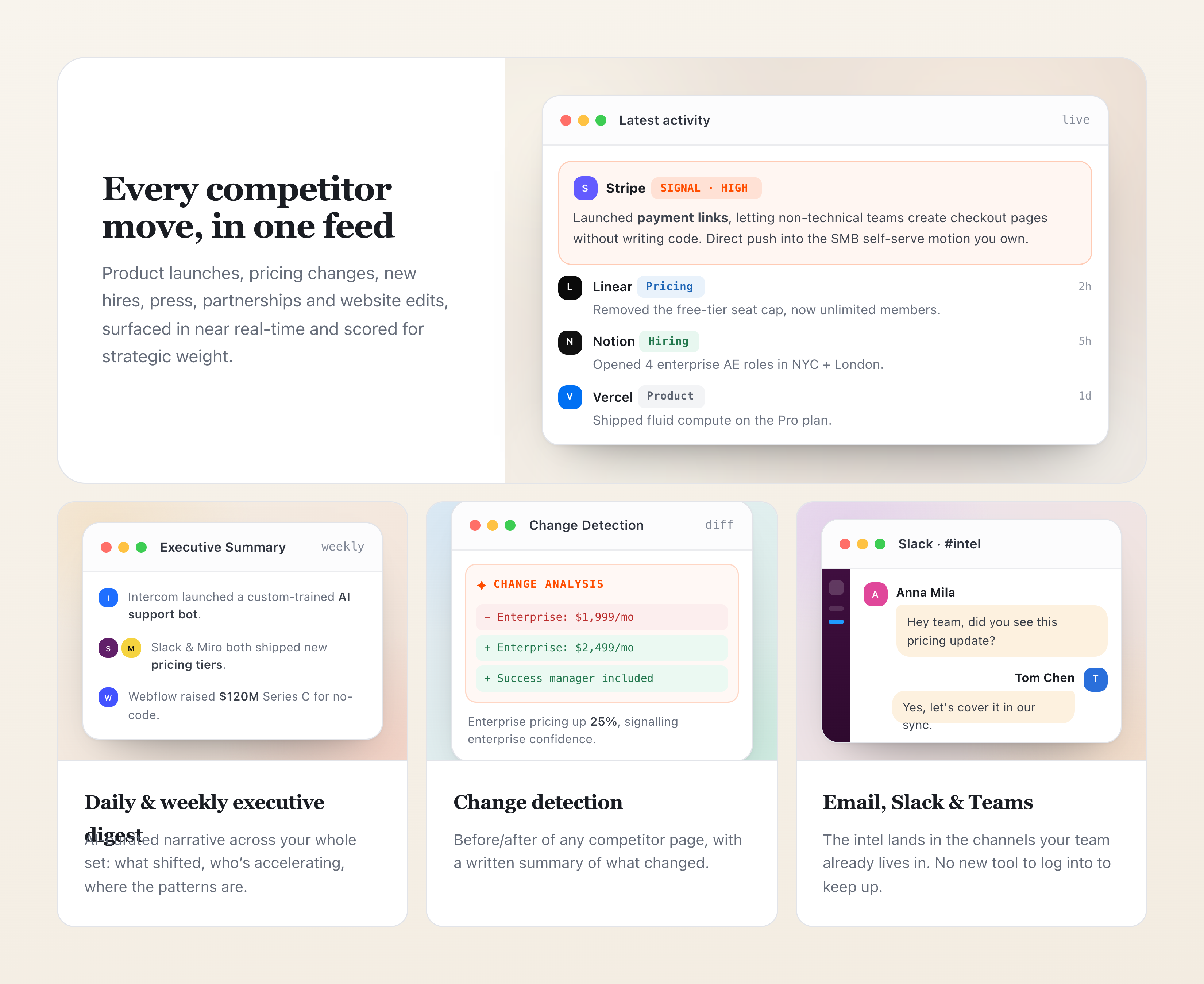 Every competitor move, surfaced in one feed with daily and weekly executive digests, change detection, and delivery to email, Slack and Teams